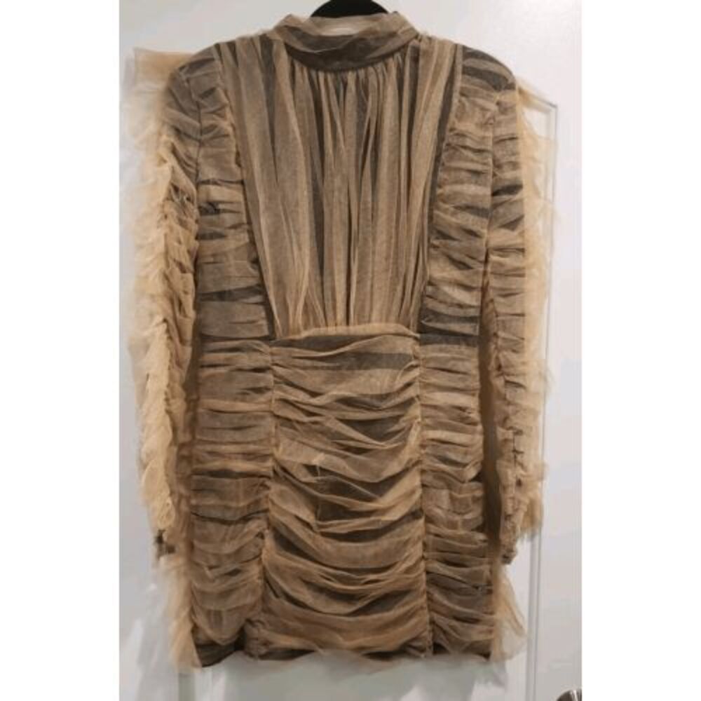 Beulah Style Womens Black And Gold Sheer Ruffle Longsleeve Dress Size Medium EUC